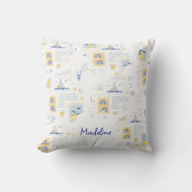 Mediterranean Tile Lemon Coastal Monogram Name Throw Pillow (Front)