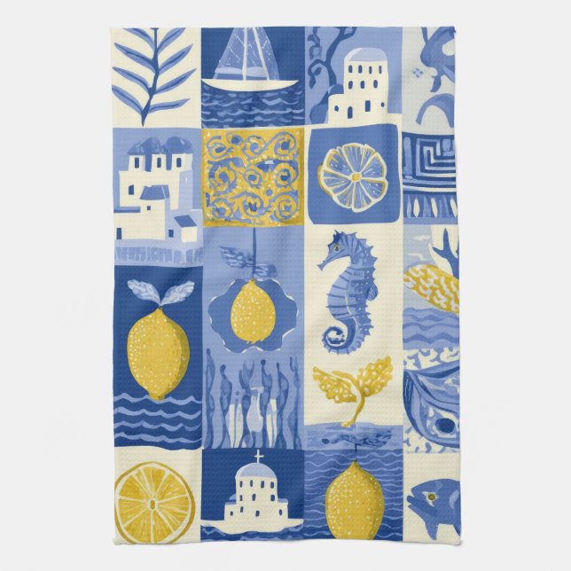 Mediterranean Tile Lemon Coastal Pattern Kitchen Towel (Vertical)