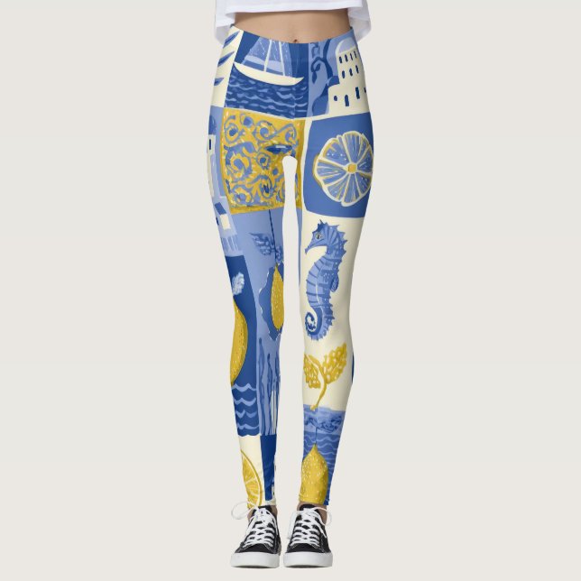 Mediterranean Tile Lemon Coastal Pattern Leggings (Front)