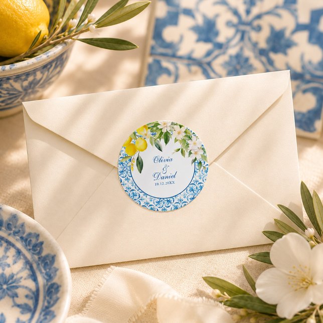 Mediterranean Tile & Lemon Favour Sticker (Mediterranean Tile & Lemon Favor Sticker on an elegant envelope)