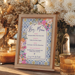  Mediterranean Tile Pink Floral Bar Menu Poster