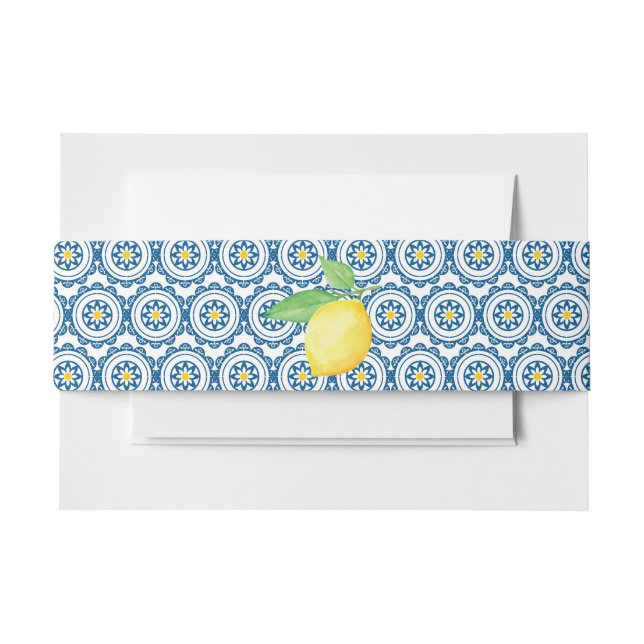 Mediterranean Tile Watercolor Lemon Wedding Invitation Belly Band (Front Example)