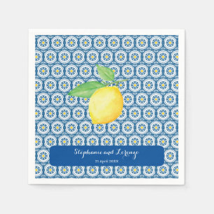 Mediterranean Tile Watercolor Lemon Wedding Napkin