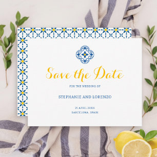 Mediterranean Tile Watercolor Lemon Wedding Save The Date