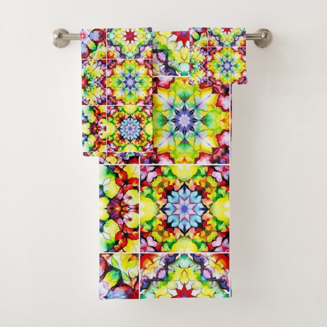 Mediterranean Tiles, Alcohol Ink Tiles, Majolica Bath Towel Set (Insitu)