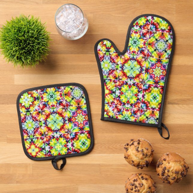 Mediterranean Tiles, Alcohol Ink Tiles, Majolica Oven Mitt & Pot Holder Set (Top Down)
