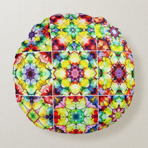Mediterranean Tiles, Alcohol Ink Tiles, Majolica Round Pillow