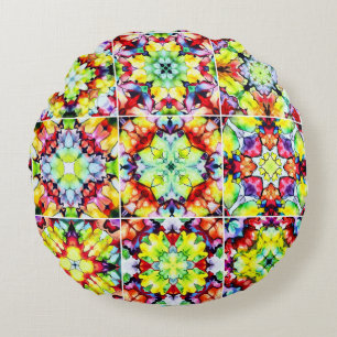 Mediterranean Tiles, Alcohol Ink Tiles, Majolica Round Pillow