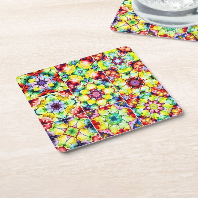 Mediterranean Tiles, Alcohol Ink Tiles, Majolica Square Paper Coaster (Angled)