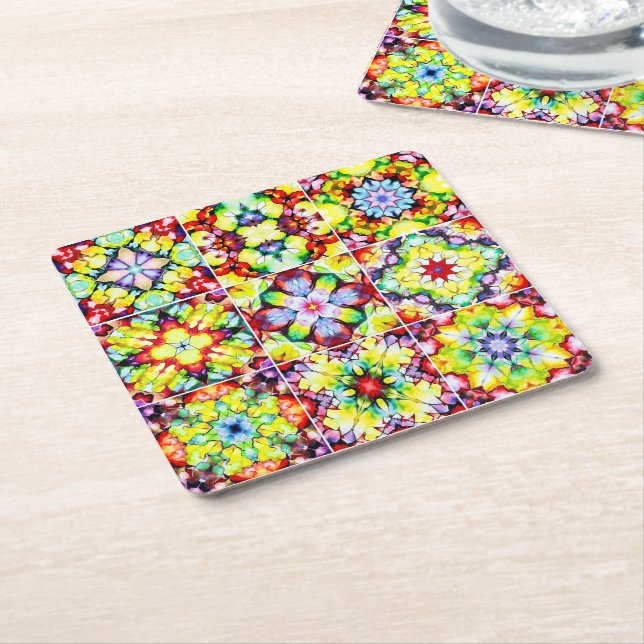 Mediterranean Tiles, Alcohol Ink Tiles, Majolica Square Paper Coaster (Angled)