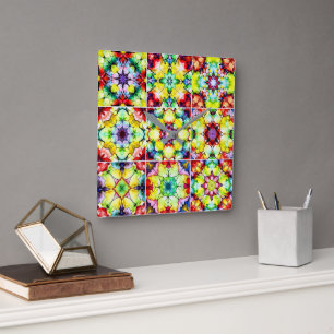 Mediterranean Tiles, Alcohol Ink Tiles, Majolica Square Wall Clock