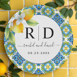 Mediterranean tiles and lemons wedding paper plate