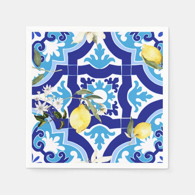 Mediterranean tiles,blue tiles,lemon, napkin (Front)