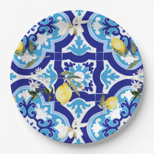 Mediterranean tiles,blue tiles,lemon, paper plate