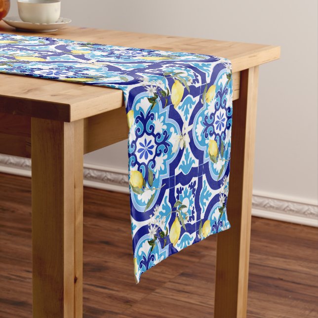 Mediterranean tiles,blue tiles,lemon, short table runner (In Situ)