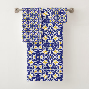 Mediterranean Tiles Blue & Yellow Pattern Bath Towel Set