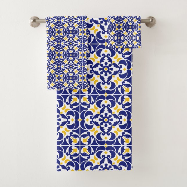 Mediterranean Tiles Blue & Yellow Pattern Bath Towel Set (Insitu)