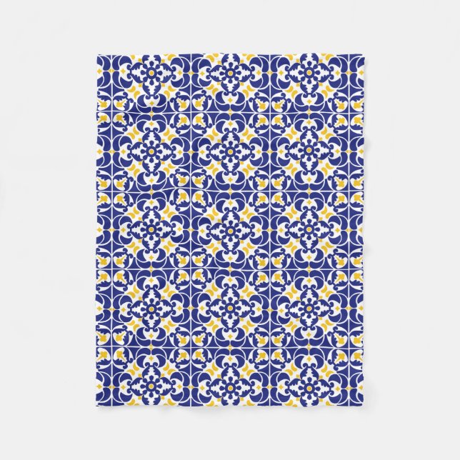 Mediterranean Tiles Blue & Yellow Pattern Fleece Blanket (Front)