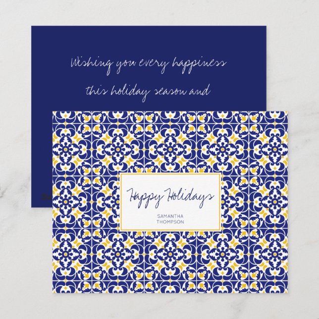 Mediterranean Tiles Blue & Yellow Pattern Holiday Card (Front/Back)