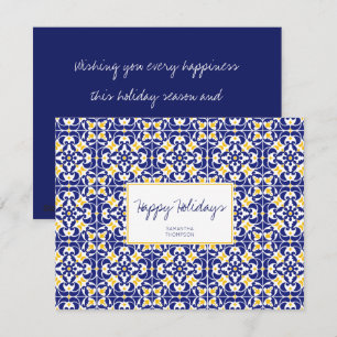 Mediterranean Tiles Blue & Yellow Pattern Holiday Card