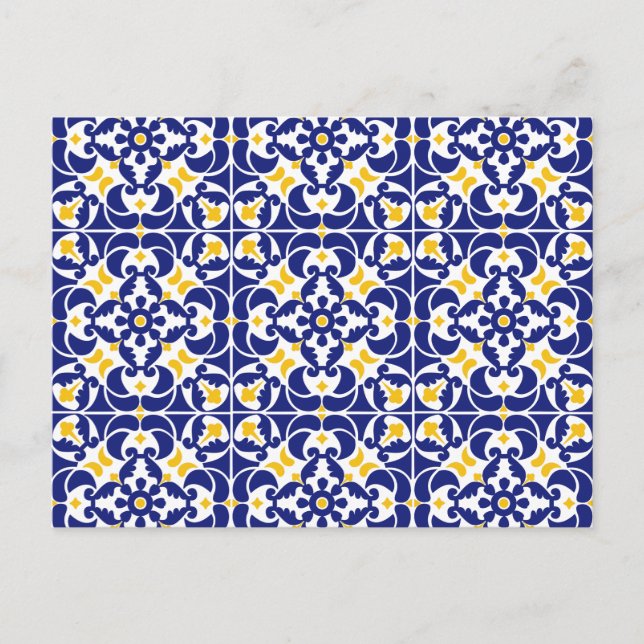 Mediterranean Tiles Blue & Yellow Pattern Holiday Postcard (Front)