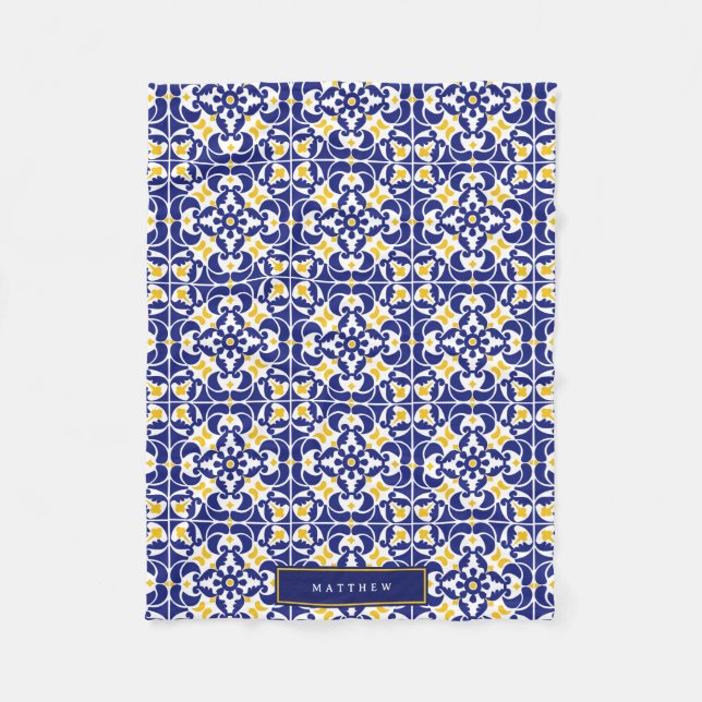 Mediterranean Tiles Blue & Yellow Pattern Name Fleece Blanket (Front)