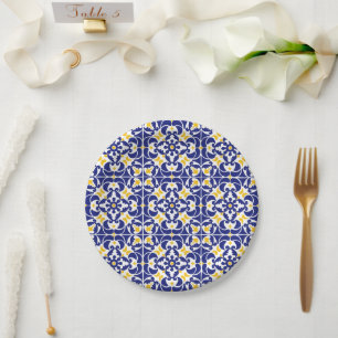 Mediterranean Tiles Blue & Yellow Pattern Paper Plate