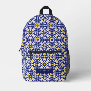 Mediterranean Tiles Blue & Yellow Pattern Printed Backpack
