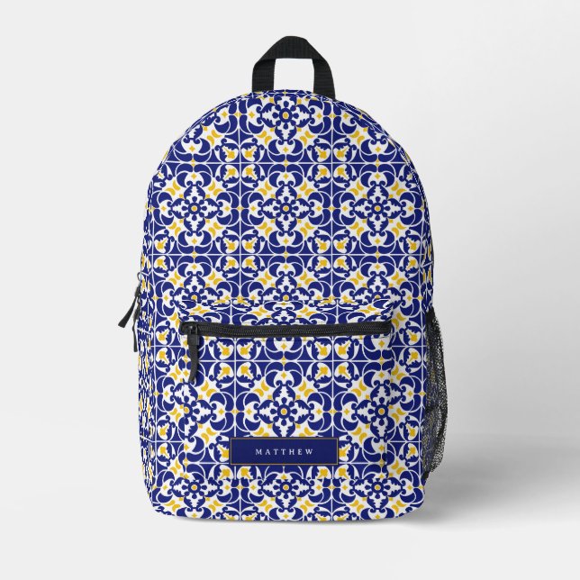 Mediterranean Tiles Blue & Yellow Pattern Printed Backpack (Front)