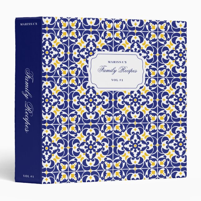 Mediterranean Tiles Blue & Yellow Pattern Recipes Binder (Front/Spine)