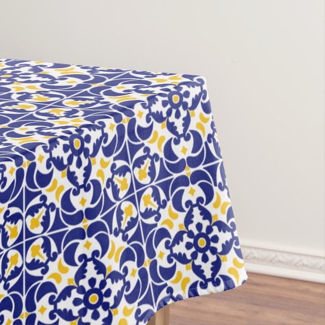 Mediterranean Tiles Blue & Yellow Pattern Tablecloth (In Situ)