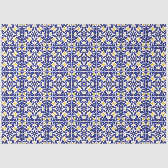 Mediterranean Tiles Blue & Yellow Pattern Tissue Paper (Front)