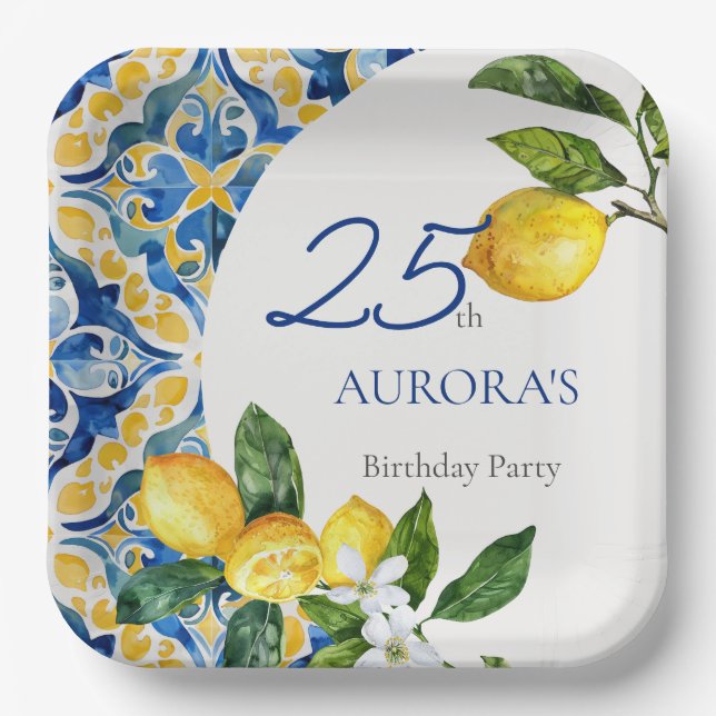 Mediterranean Tiles Lemon 25th Birthday  Paper Plate (Front)