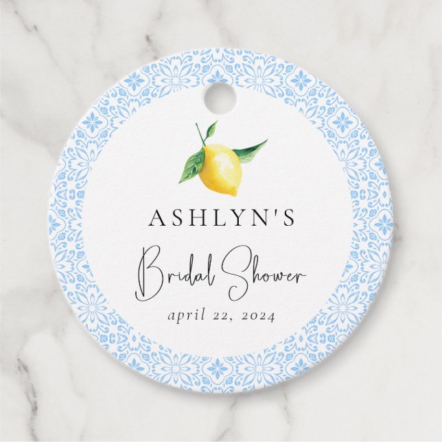 Mediterranean Tiles Lemon Bridal Shower Favour Tag (Front)