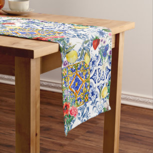 Mediterranean tiles,lemon,flowers,majolica,summer, medium table runner