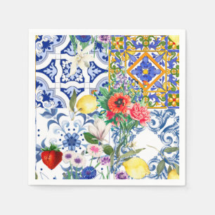 Mediterranean tiles,lemon,flowers,majolica,summer, napkin