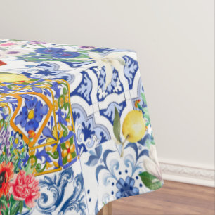 Mediterranean tiles,lemon,flowers,majolica,summer, tablecloth