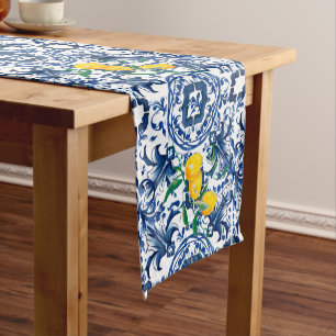 Mediterranean tiles,majolica,blue tiles,lemons    short table runner