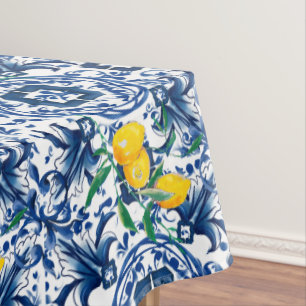 Mediterranean tiles,majolica,blue tiles,lemons   tablecloth
