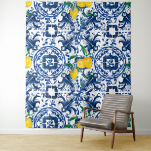 Mediterranean tiles,majolica,blue tiles,lemons tapestry