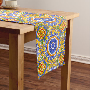 Mediterranean tiles,majolica,Sicilian, Long Table Runner