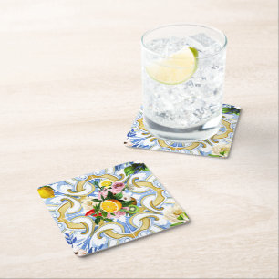 Mediterranean tiles, majolica,Sicilian style G Square Paper Coaster