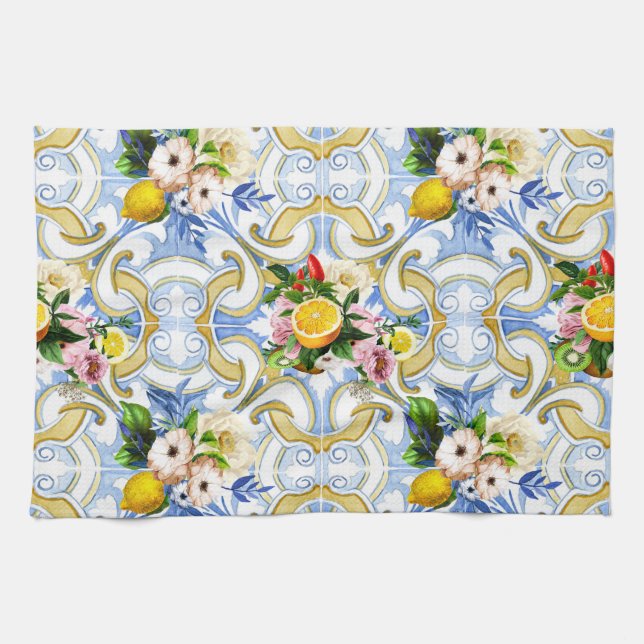 Mediterranean tiles, majolica,Sicilian style     Kitchen Towel (Horizontal)