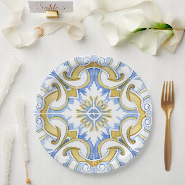 Mediterranean tiles, majolica,Sicilian style     Paper Plate (Wedding)
