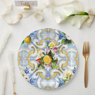 Mediterranean tiles, majolica,Sicilian style     Paper Plate