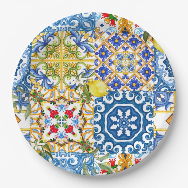 Mediterranean tiles, majolica,Sicilian style      Paper Plate (Front)