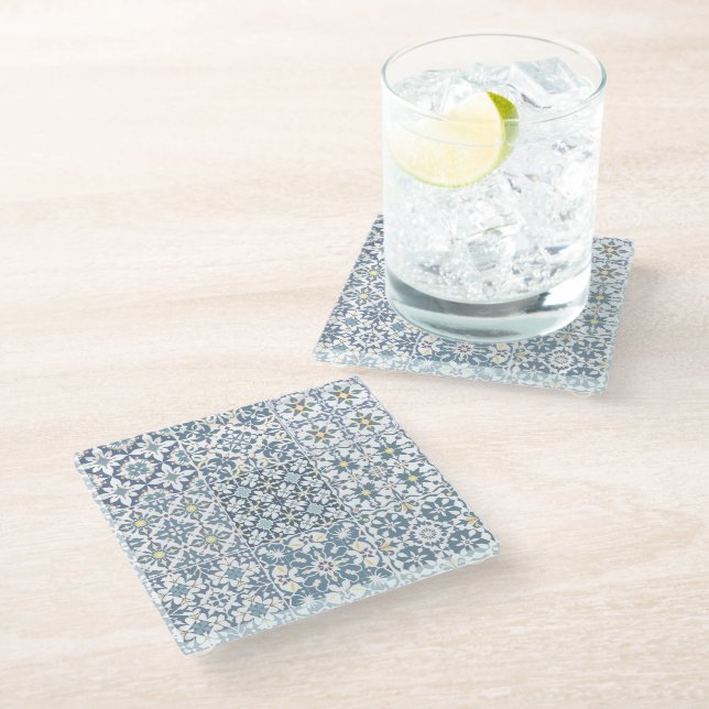Mediterranean Tiles, Moroccan, Majolica, Azulejo Glass Coaster (Angled)
