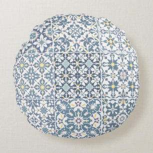 Mediterranean Tiles, Moroccan, Majolica, Azulejo Round Pillow