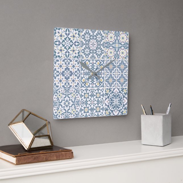 Mediterranean Tiles, Moroccan, Majolica, Azulejo Square Wall Clock (Office)