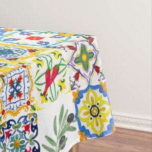 Mediterranean tiles,olives,chili peppers,lemons   tablecloth